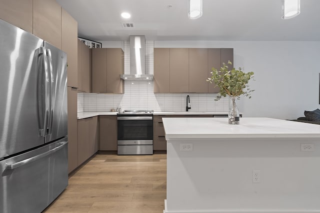 kitchen featuring wall chimney range hood, gray cabinets, and appliances with stainless steel finishes