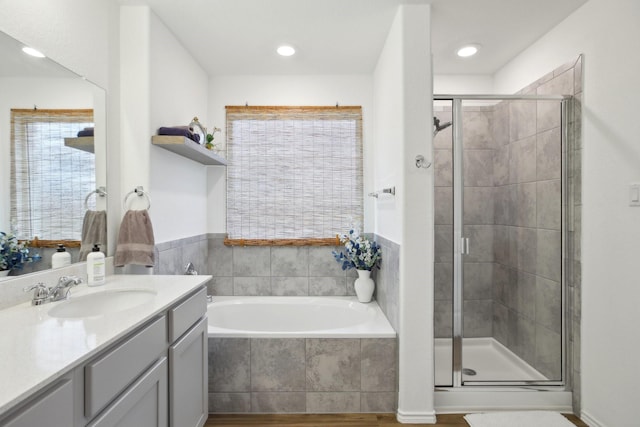 bathroom featuring vanity and separate shower and tub