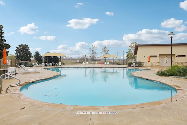 view of swimming pool featuring a patio area