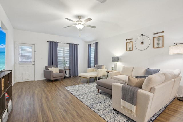 living room with hardwood / wood-style flooring and ceiling fan