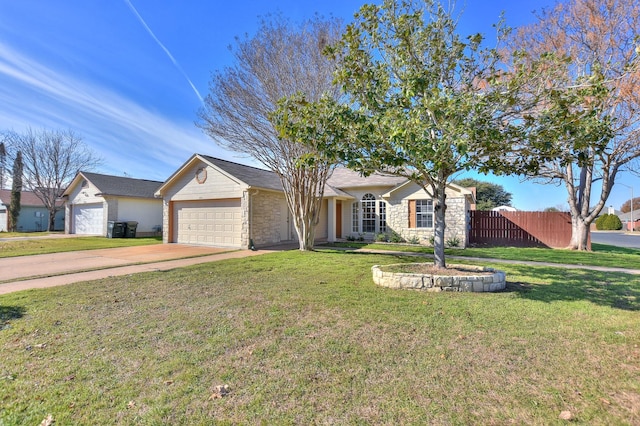 ranch-style home with a garage and a front lawn