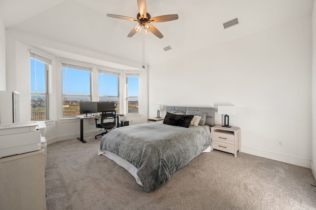 bedroom featuring lofted ceiling, light carpet, and ceiling fan