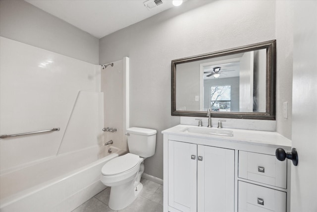 full bathroom featuring tile patterned flooring, vanity, shower / washtub combination, toilet, and ceiling fan