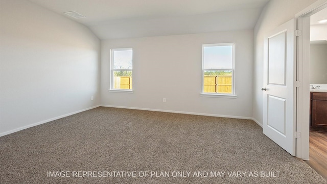 spare room with carpet floors, a healthy amount of sunlight, and vaulted ceiling