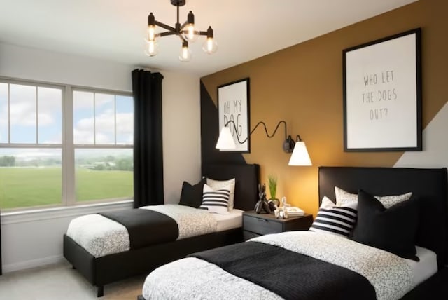 bedroom featuring light colored carpet, multiple windows, and an inviting chandelier