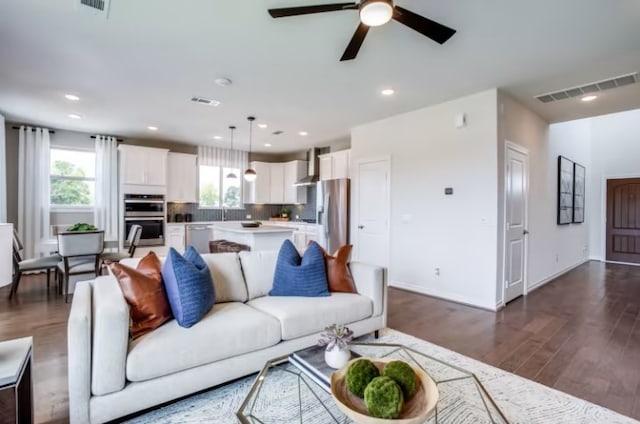 living room with ceiling fan and hardwood / wood-style flooring