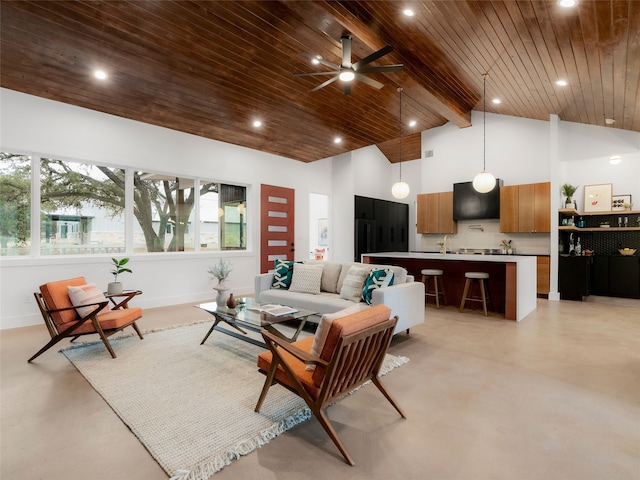 living room featuring wood ceiling, high vaulted ceiling, ceiling fan, and beamed ceiling