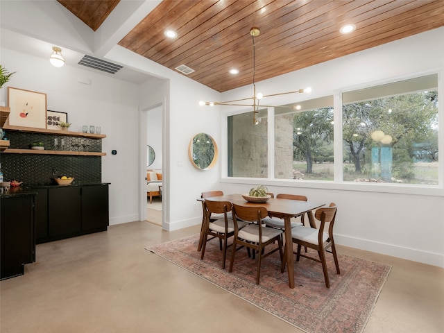 dining area with wood ceiling, lofted ceiling, and bar