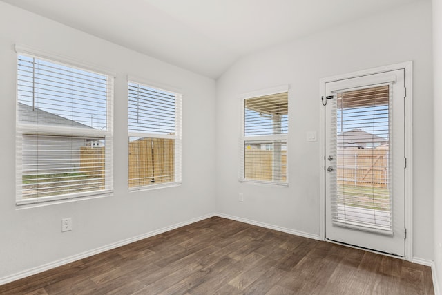 spare room with a wealth of natural light, vaulted ceiling, and dark wood-type flooring