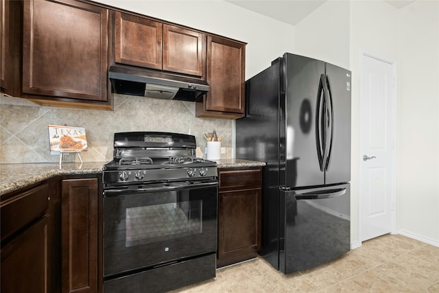 kitchen with light stone countertops, dark brown cabinetry, black appliances, backsplash, and light tile patterned floors