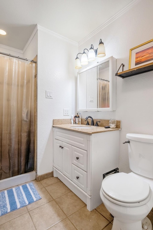 bathroom featuring walk in shower, tile patterned floors, toilet, crown molding, and vanity