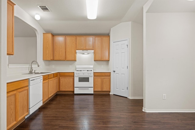 kitchen with white appliances, dark hardwood / wood-style flooring, sink, and light brown cabinets