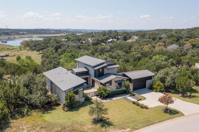 drone / aerial view featuring a water view