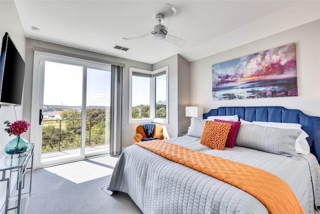 bedroom with ceiling fan, access to outside, and carpet flooring