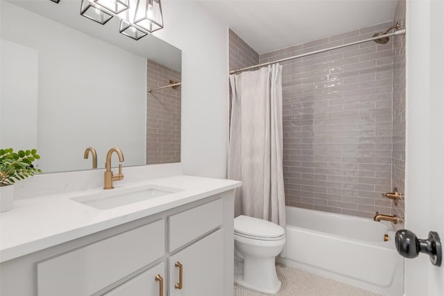 full bathroom with toilet, vanity, tile patterned floors, and shower / bathtub combination with curtain