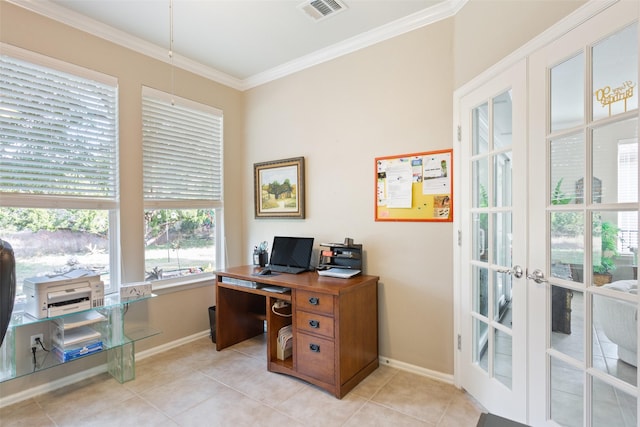 office space with ornamental molding, french doors, and light tile patterned flooring