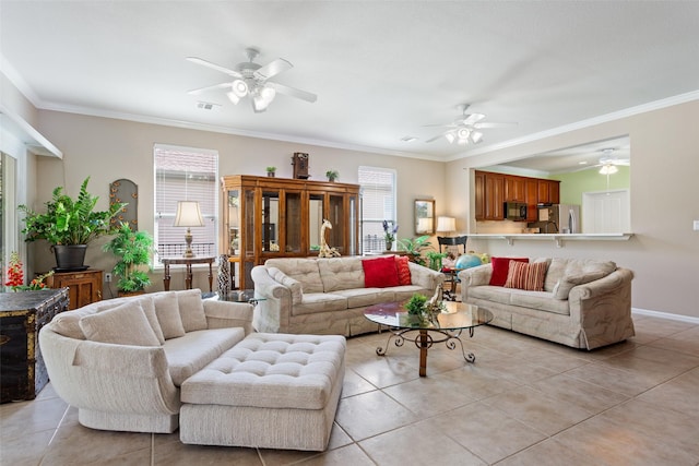 living room featuring light tile patterned floors and crown molding