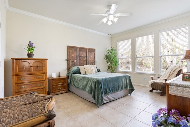 bedroom featuring ceiling fan, crown molding, and light tile patterned flooring