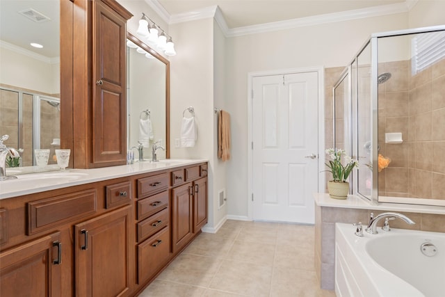 bathroom featuring tile patterned flooring, ornamental molding, and separate shower and tub