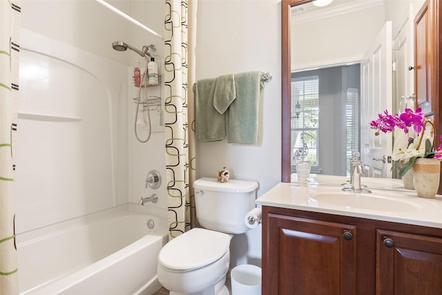 full bathroom with toilet, ornamental molding, shower / bath combination with curtain, and vanity