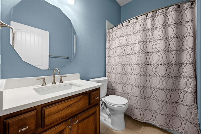 bathroom with toilet, tile patterned flooring, a shower with curtain, and vanity