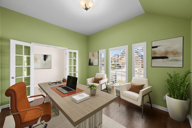 office area featuring lofted ceiling, french doors, and dark hardwood / wood-style floors