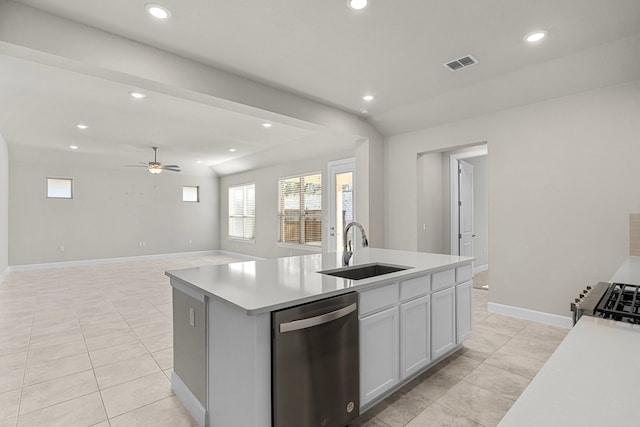 kitchen with sink, white cabinetry, ceiling fan, a center island with sink, and appliances with stainless steel finishes