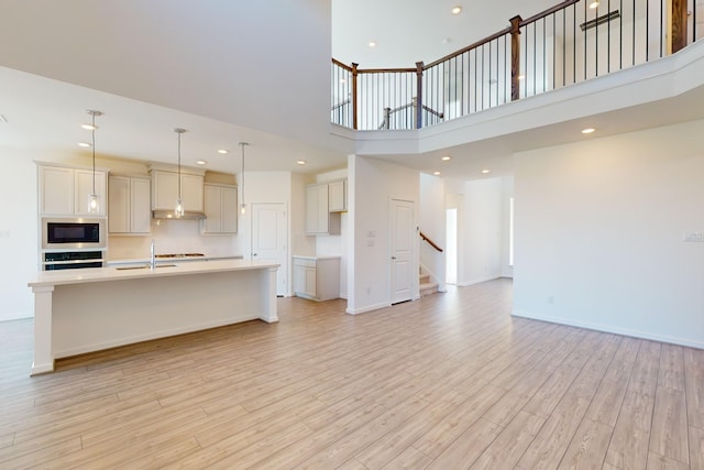 unfurnished living room with a high ceiling, light wood-type flooring, and sink