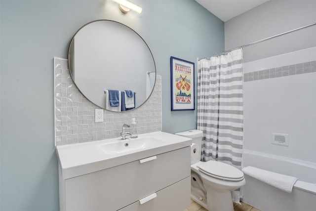 full bathroom with toilet, vanity, tasteful backsplash, and shower / bath combo with shower curtain