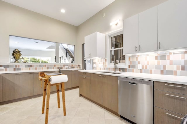 kitchen featuring sink, white cabinets, dishwasher, and decorative backsplash