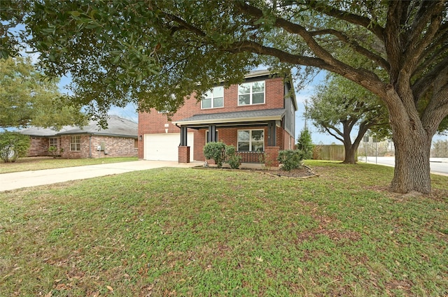 view of front of property featuring covered porch, a front lawn, and a garage