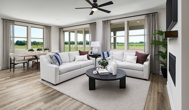 living room with hardwood / wood-style flooring and ceiling fan