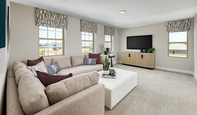 living room featuring light carpet