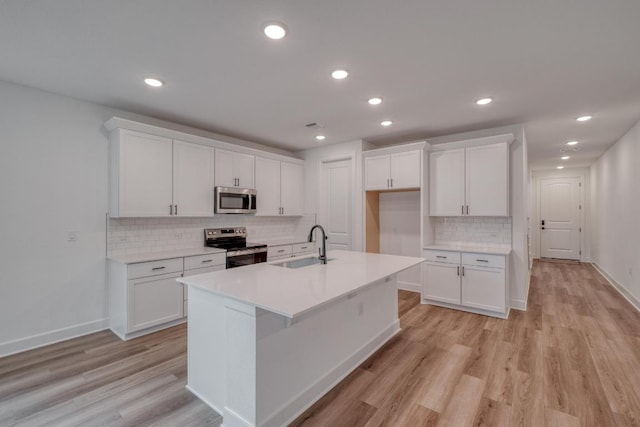 16904 Astral Ln, Manor, TX 78653 - kitchen featuring stainless steel appliances, backsplash, white cabinetry, light wood-style flooring, and recessed lighting