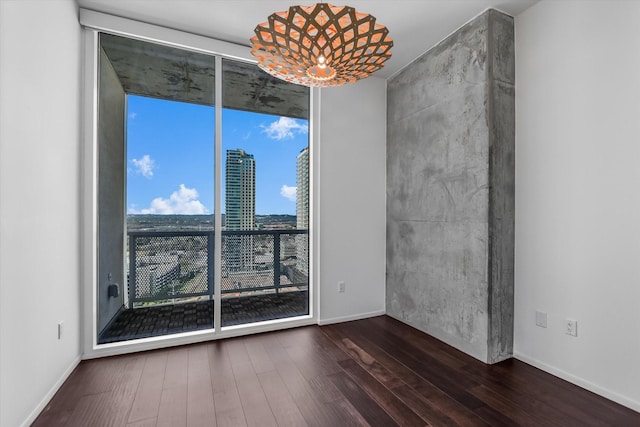 spare room with floor to ceiling windows, dark hardwood / wood-style floors, and plenty of natural light