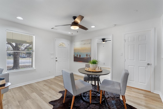 dining area with ceiling fan and light hardwood / wood-style flooring