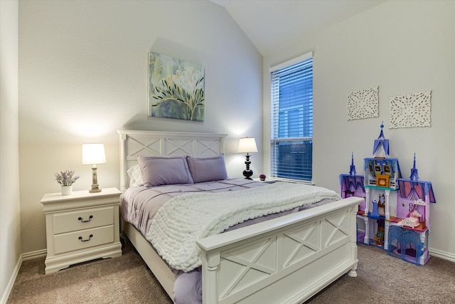 carpeted bedroom with lofted ceiling