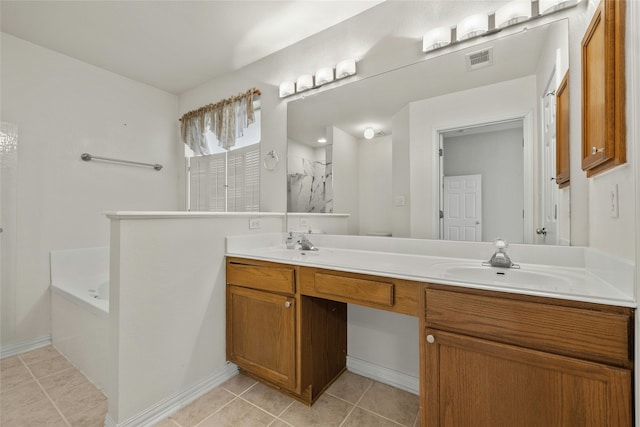 bathroom with separate shower and tub, tile patterned floors, and vanity