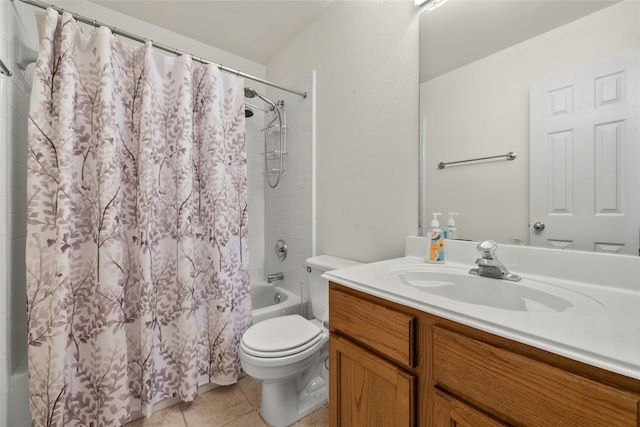 full bathroom with toilet, vanity, tile patterned floors, and shower / bathtub combination with curtain