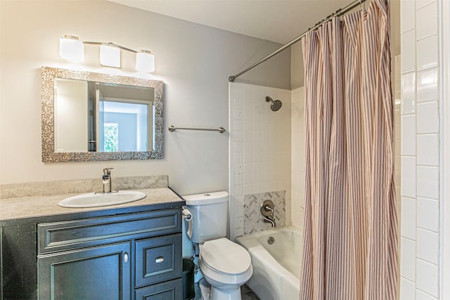 full bathroom with shower / bath combination with curtain, vanity, and toilet