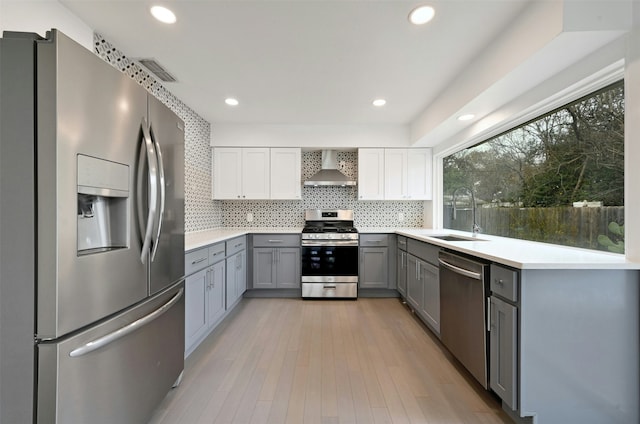 kitchen with gray cabinets, appliances with stainless steel finishes, light wood-type flooring, sink, and wall chimney range hood