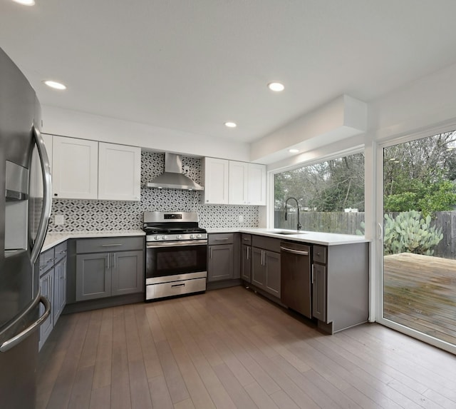 kitchen with stainless steel appliances, white cabinetry, wall chimney exhaust hood, backsplash, and gray cabinets