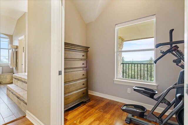 exercise area featuring vaulted ceiling, a healthy amount of sunlight, and light hardwood / wood-style flooring