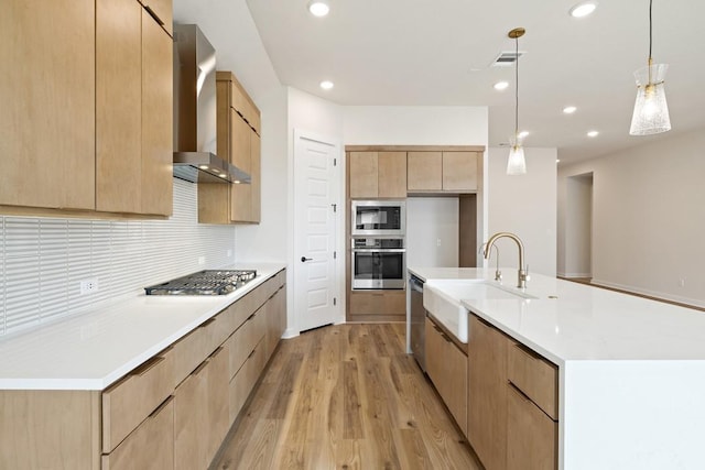 kitchen with stainless steel appliances, sink, wall chimney exhaust hood, light hardwood / wood-style floors, and a spacious island