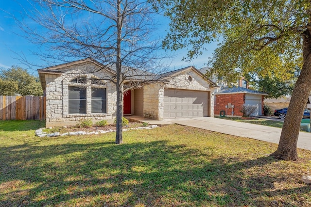 ranch-style house featuring a garage and a front lawn