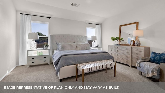 bedroom with light carpet, multiple windows, and lofted ceiling