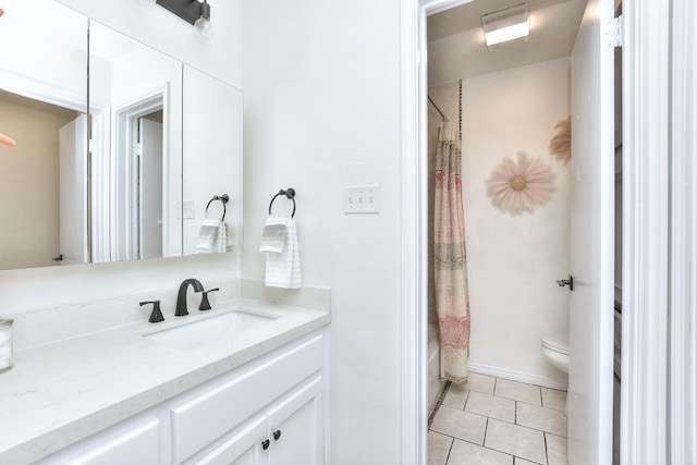 full bathroom with tile patterned flooring, shower / tub combo with curtain, vanity, and toilet