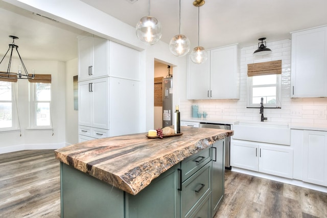 kitchen featuring sink, white cabinetry, a center island, and backsplash