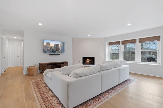 living room with light hardwood / wood-style floors and ornamental molding