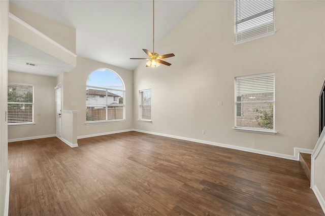 unfurnished living room featuring high vaulted ceiling, ceiling fan, and dark hardwood / wood-style flooring